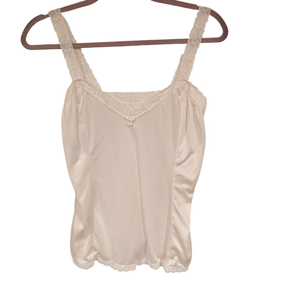 Vintage Mel-Lor‎ Nylon Ivory Lace Trim Cami Tank Top Silky Retro Feminine